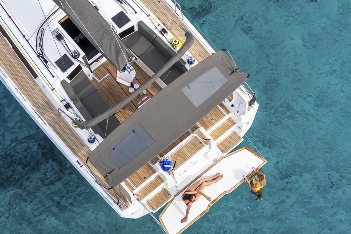 Exterior view of Estela, a Dufour 44 sailboat at es Jonquet, Spain