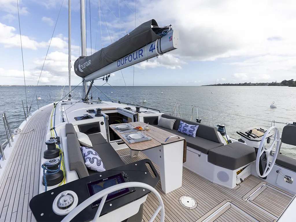 Deck of Estela, a Dufour 44 sailboat at es Jonquet, Spain