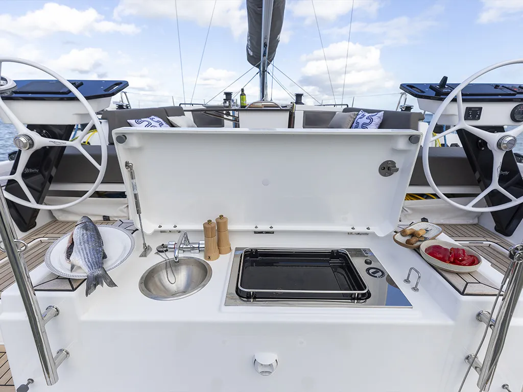 Deck of Estela, a Dufour 44 sailboat at es Jonquet, Spain