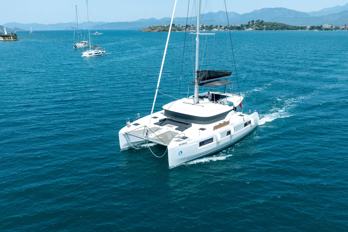 Exterior view of Blue Dream 48, a Lagoon 46 catamaran at Fethiye, Turkey