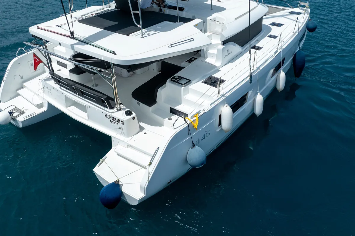 Exterior view of Blue Dream 48, a Lagoon 46 catamaran at Fethiye, Turkey