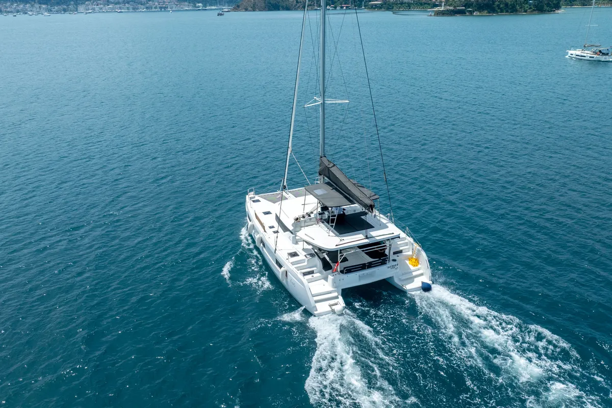 Exterior view of Blue Dream 48, a Lagoon 46 catamaran at Fethiye, Turkey