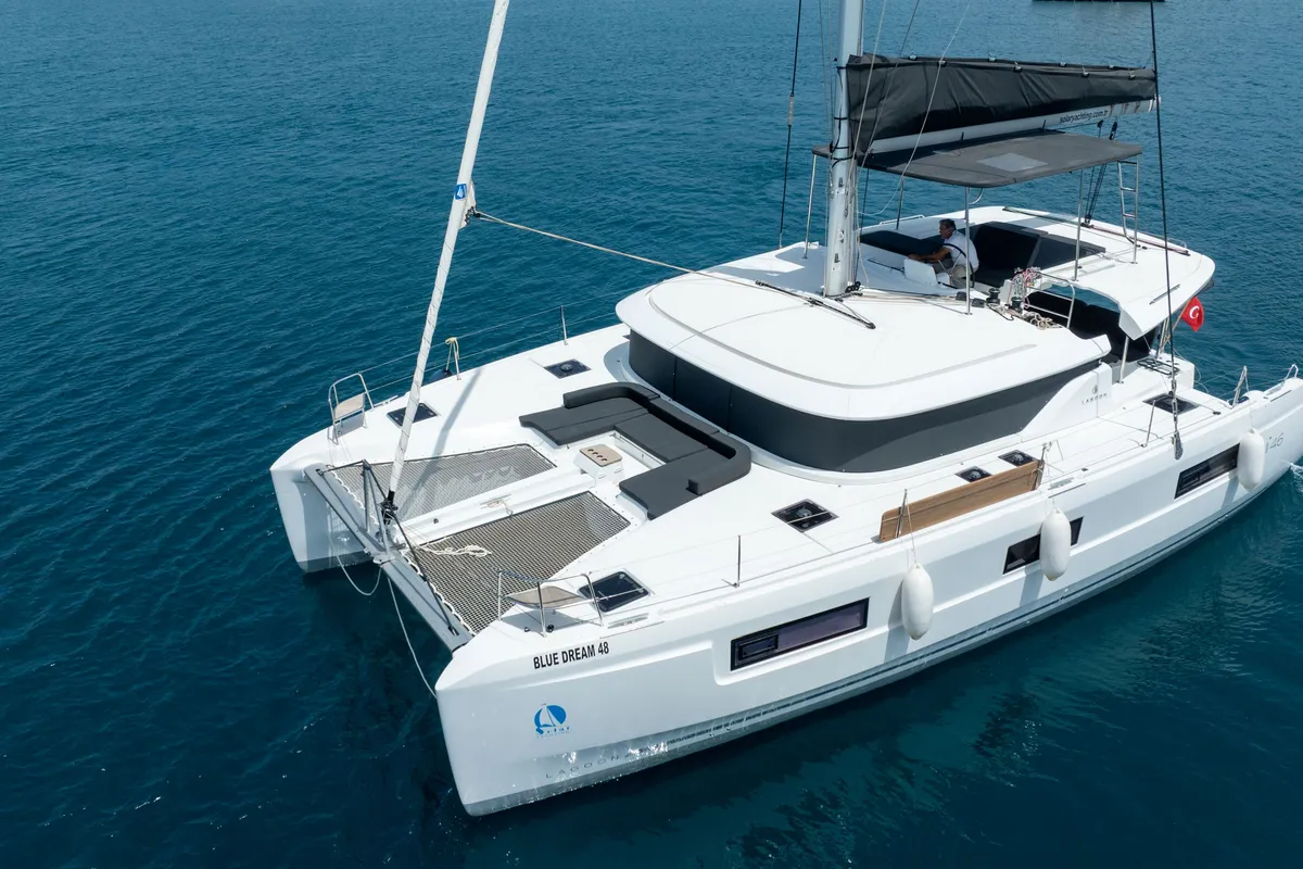 Exterior view of Blue Dream 48, a Lagoon 46 catamaran at Fethiye, Turkey