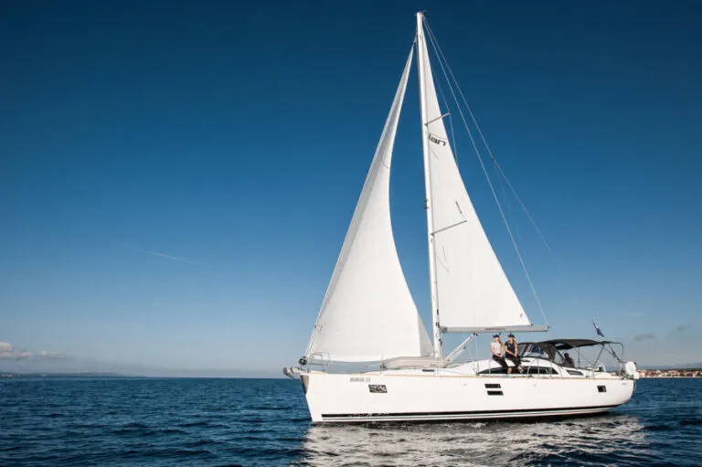Exterior view of Sokol, a Elan Impression 45.1 sailboat at Grad Šibenik, Croatia