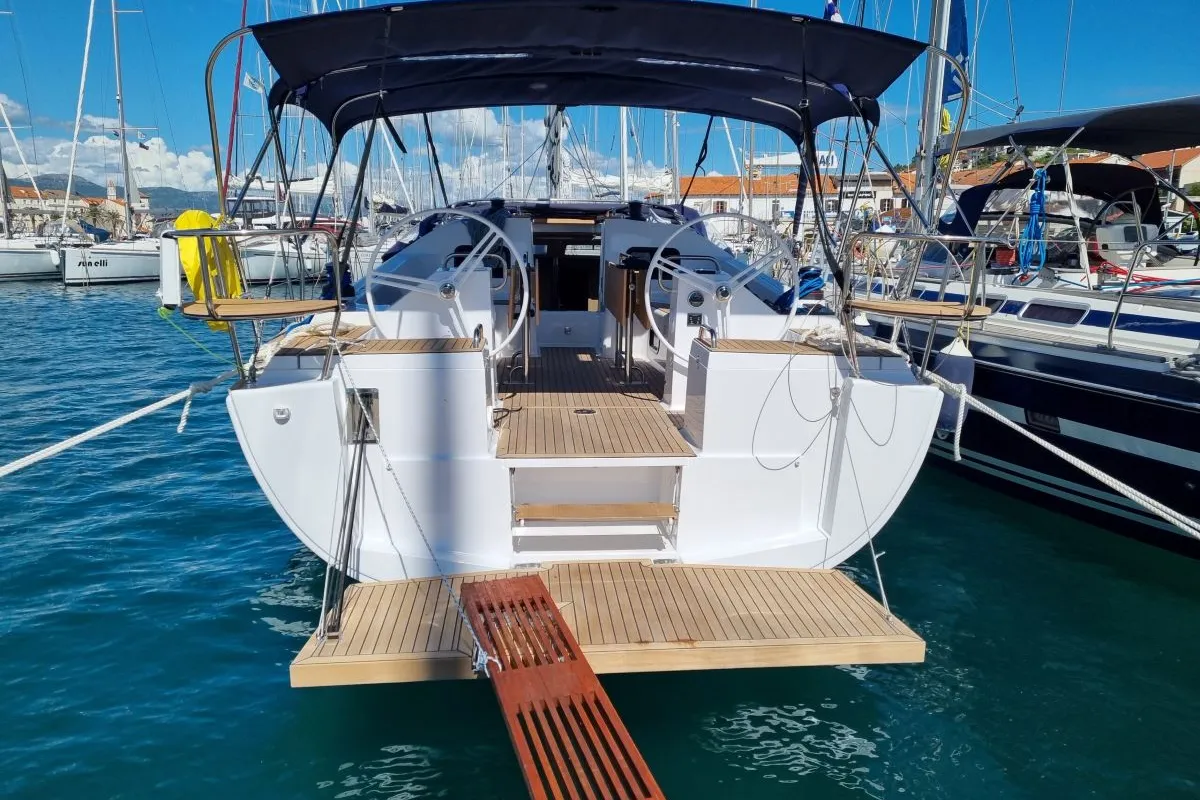 Exterior view of Sokol, a Elan Impression 45.1 sailboat at Grad Šibenik, Croatia