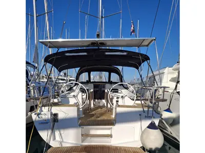 Cockpit of Sokol, a Elan Impression 45.1 sailboat at Grad Šibenik, Croatia