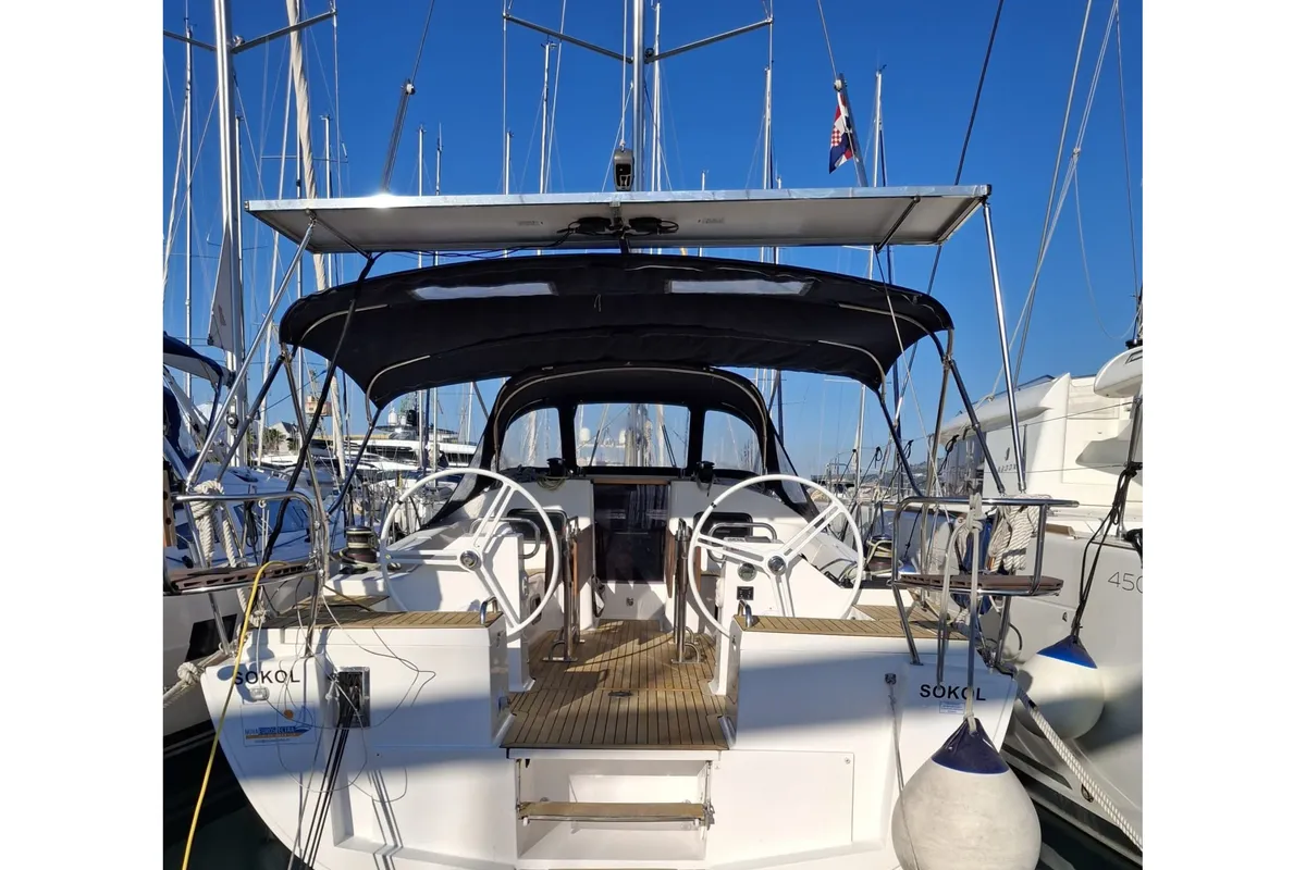 Cockpit of Sokol, a Elan Impression 45.1 sailboat at Grad Šibenik, Croatia