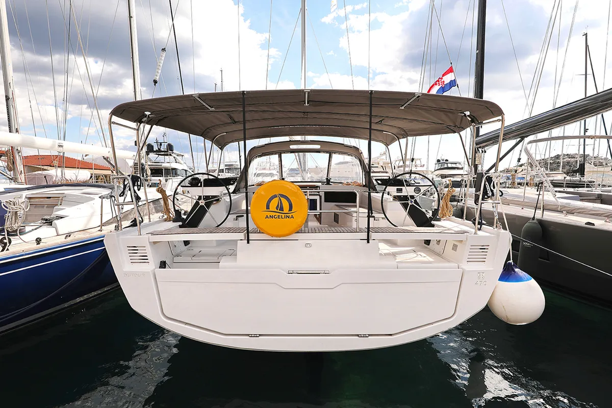 Exterior view of Fantasea, a Dufour 470 sailboat at Grad Vodice, Croatia