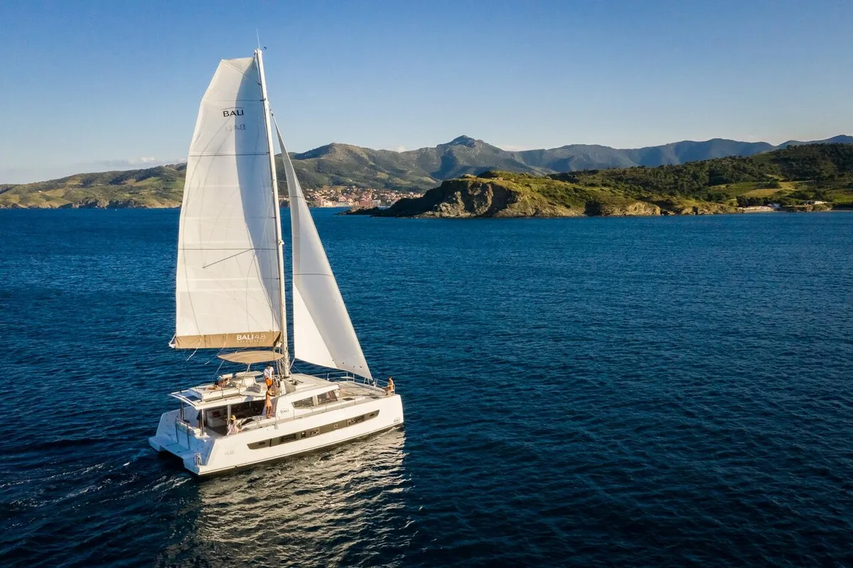 Exterior view of CattyShack, a Bali 4.8 catamaran at Parham Town, British Virgin Islands