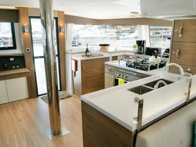 Salon of CattyShack, a Bali 4.8 catamaran at Parham Town, British Virgin Islands