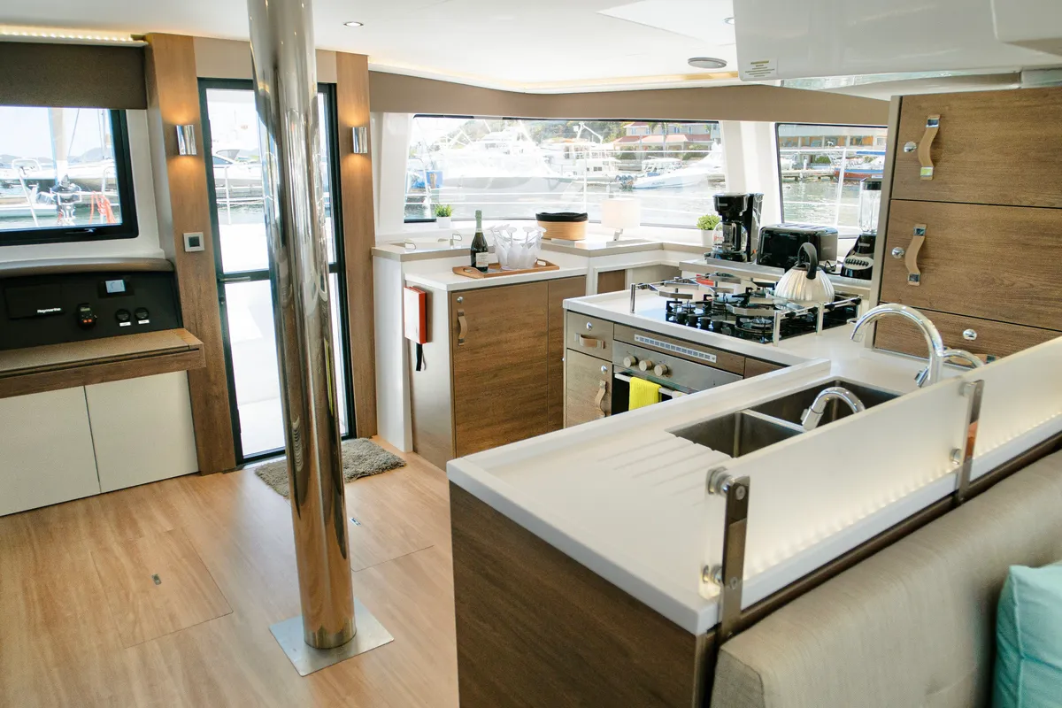 Salon of CattyShack, a Bali 4.8 catamaran at Parham Town, British Virgin Islands