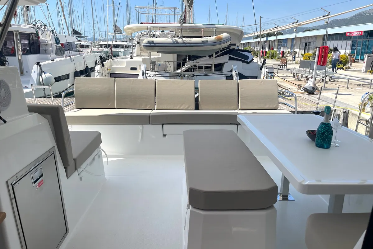 Deck of Ocean Allure, a Fountaine Pajot Astrea 42 catamaran at Kaštela, Croatia