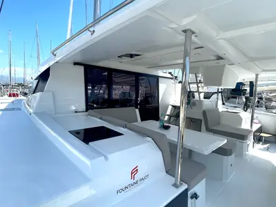 Deck of Ocean Allure, a Fountaine Pajot Astrea 42 catamaran at Kaštela, Croatia