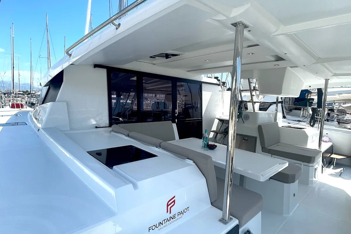 Deck of Ocean Allure, a Fountaine Pajot Astrea 42 catamaran at Kaštela, Croatia