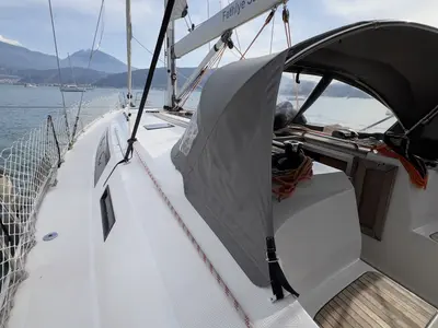 Deck of Marlin, a Bavaria Cruiser 46 Style sailboat at Fethiye, Turkey