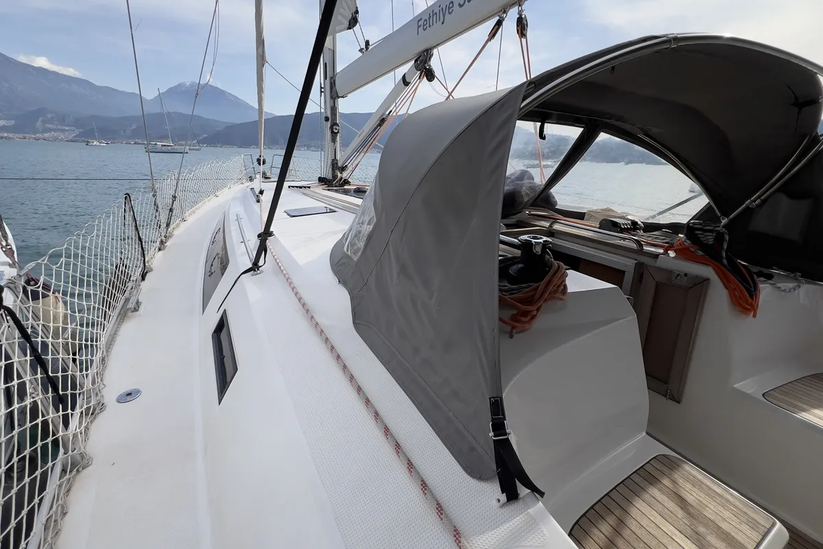 Deck of Marlin, a Bavaria Cruiser 46 Style sailboat at Fethiye, Turkey