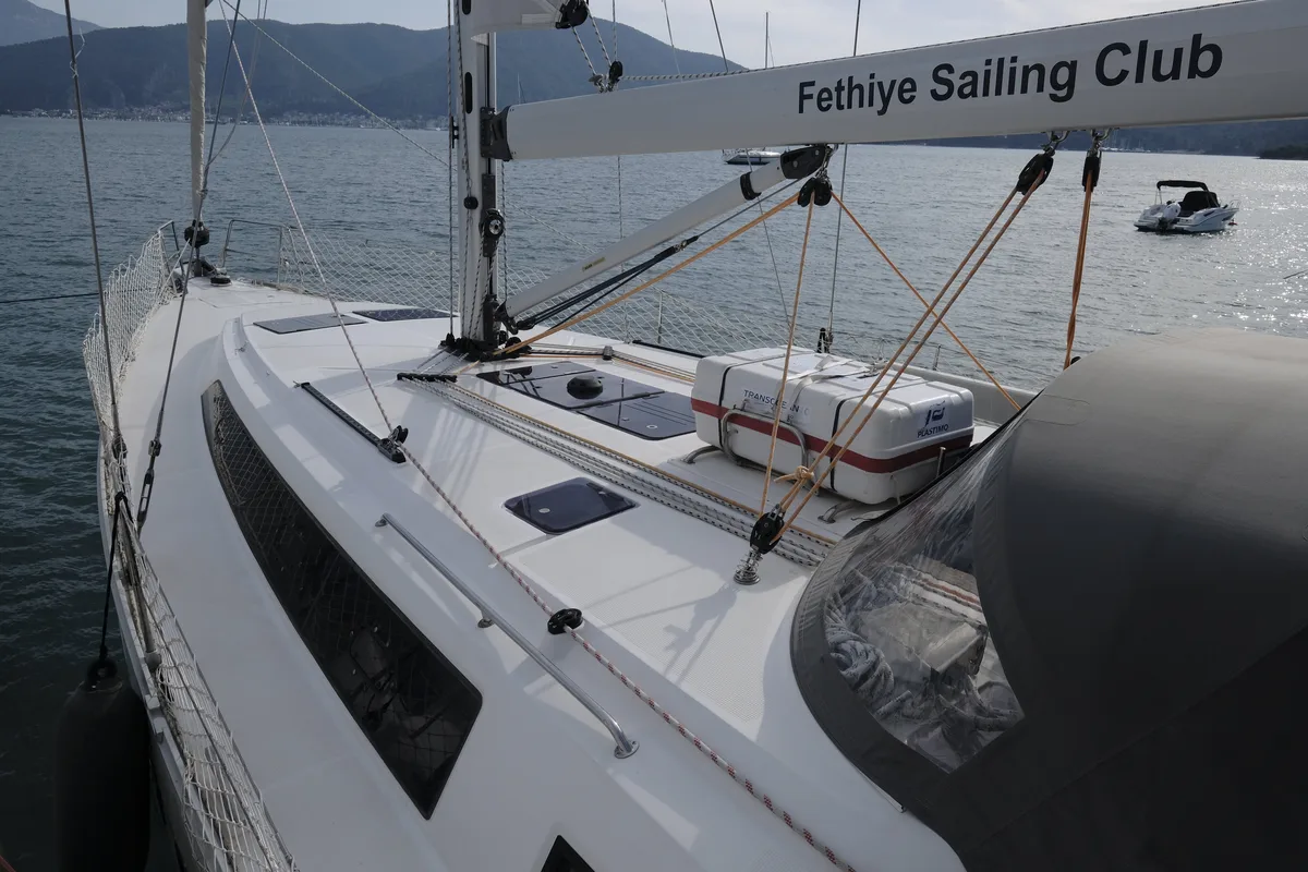 Deck of Marlin, a Bavaria Cruiser 46 Style sailboat at Fethiye, Turkey