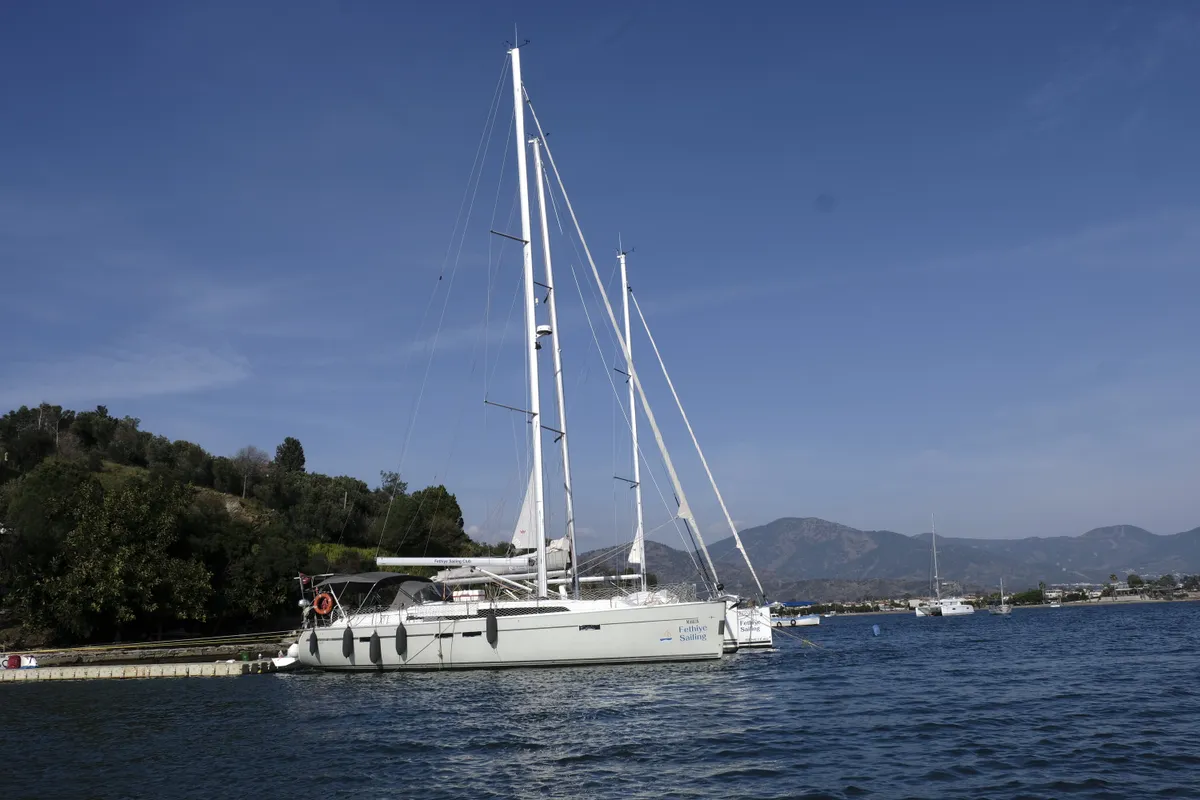 Cockpit of Marlin, a Bavaria Cruiser 46 Style sailboat at Fethiye, Turkey