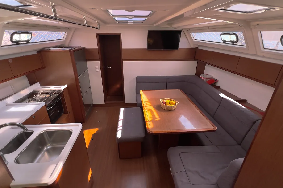Salon of Marlin, a Bavaria Cruiser 46 Style sailboat at Fethiye, Turkey
