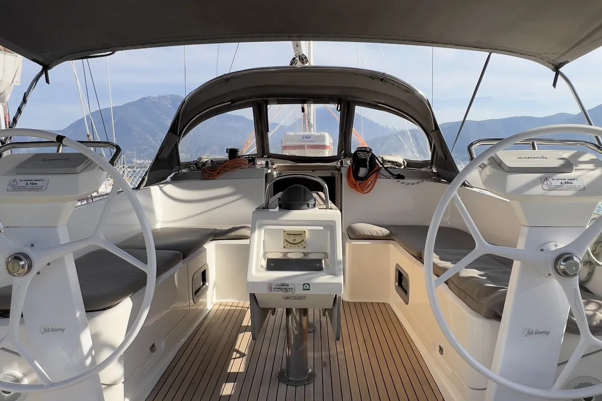 Cockpit of Marlin, a Bavaria Cruiser 46 Style sailboat at Fethiye, Turkey