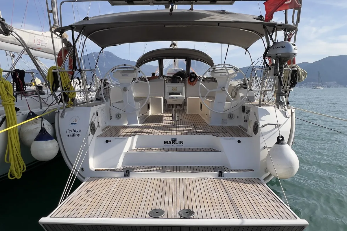 Exterior view of Marlin, a Bavaria Cruiser 46 Style sailboat at Fethiye, Turkey