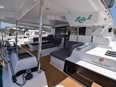Deck of MILLY 2, a Fountaine Pajot Elba 45 catamaran at Marmaris, Turkey