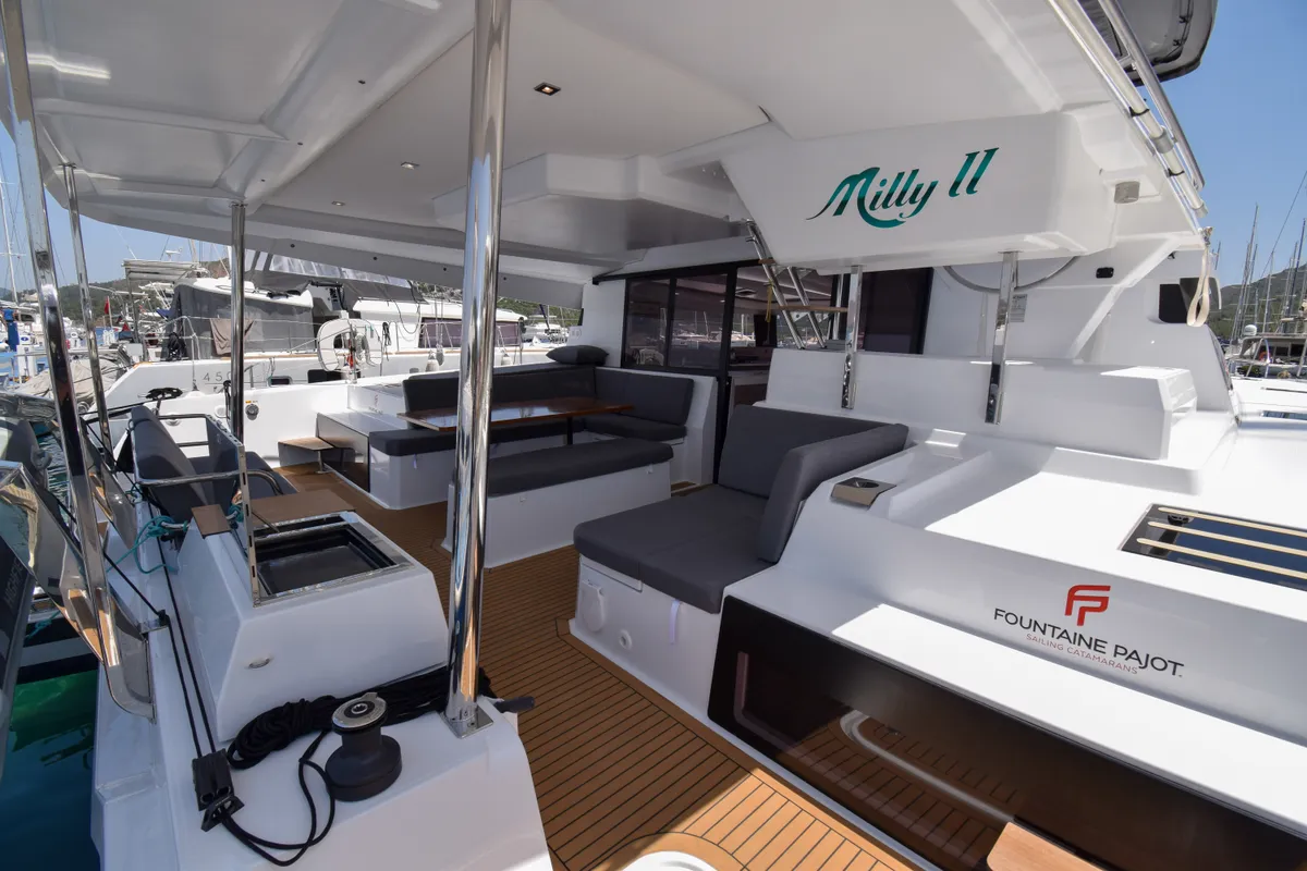 Deck of MILLY 2, a Fountaine Pajot Elba 45 catamaran at Marmaris, Turkey