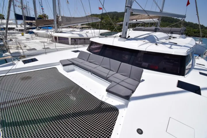 Deck of MILLY 2, a Fountaine Pajot Elba 45 catamaran at Marmaris, Turkey