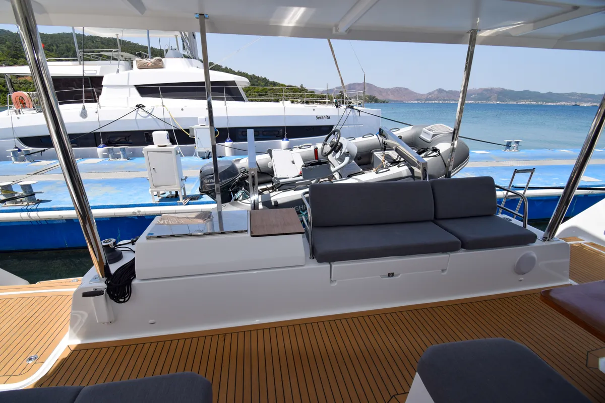 Deck of MILLY 2, a Fountaine Pajot Elba 45 catamaran at Marmaris, Turkey