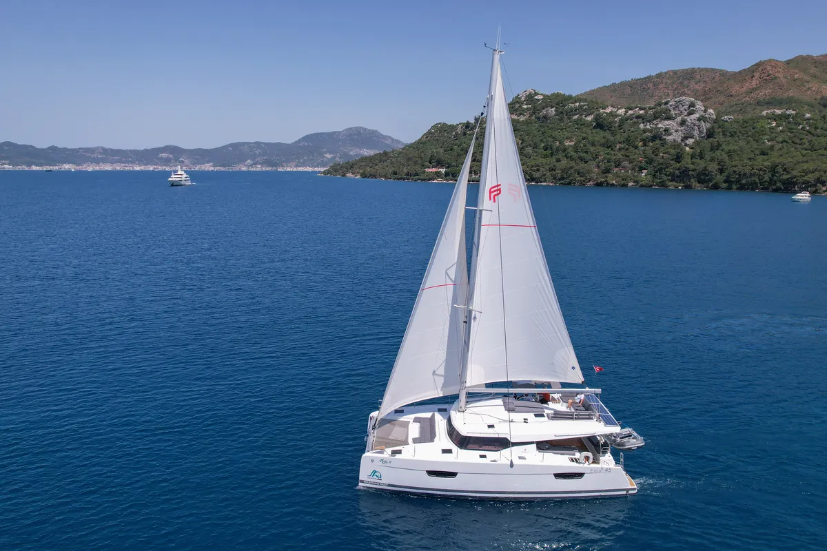 Exterior view of MILLY 2, a Fountaine Pajot Elba 45 catamaran at Marmaris, Turkey