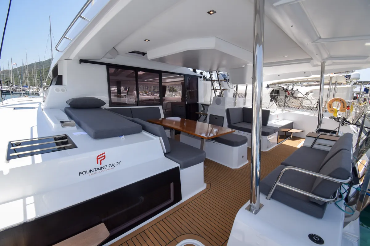 Deck of MILLY 2, a Fountaine Pajot Elba 45 catamaran at Marmaris, Turkey