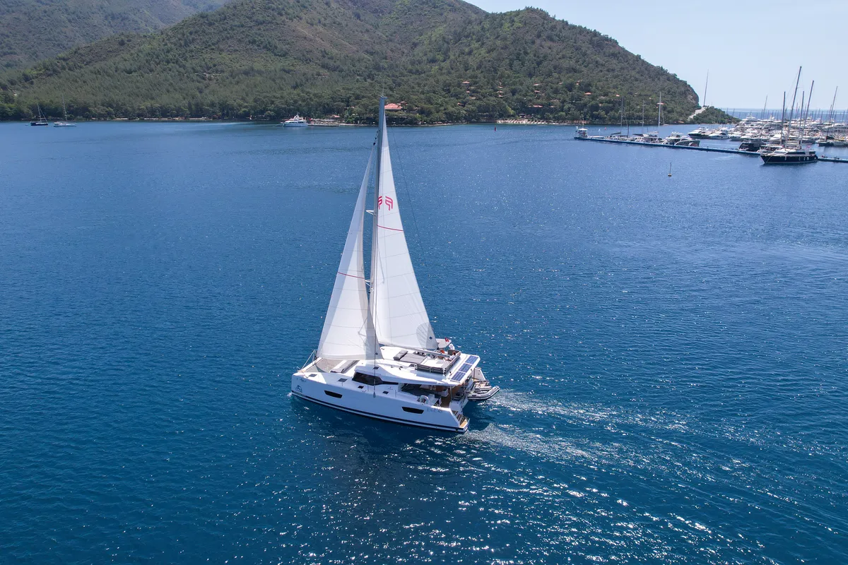 Exterior view of MILLY 2, a Fountaine Pajot Elba 45 catamaran at Marmaris, Turkey