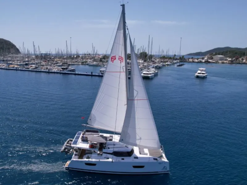 Exterior view of MILLY 2, a Fountaine Pajot Elba 45 catamaran at Marmaris, Turkey