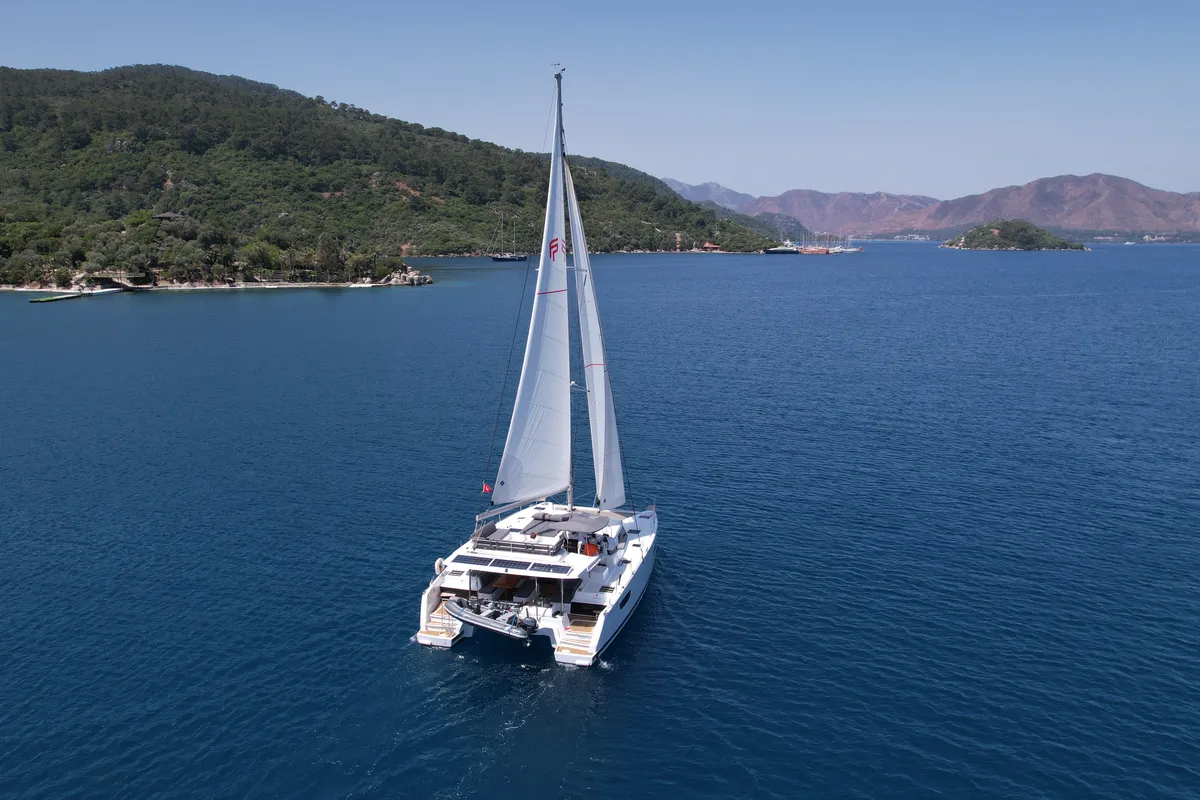 Exterior view of MILLY 2, a Fountaine Pajot Elba 45 catamaran at Marmaris, Turkey