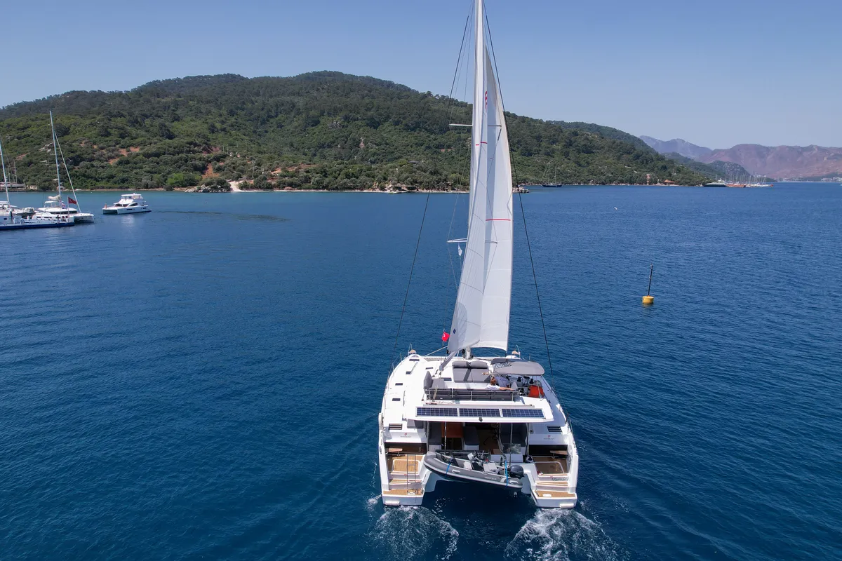 Exterior view of MILLY 2, a Fountaine Pajot Elba 45 catamaran at Marmaris, Turkey