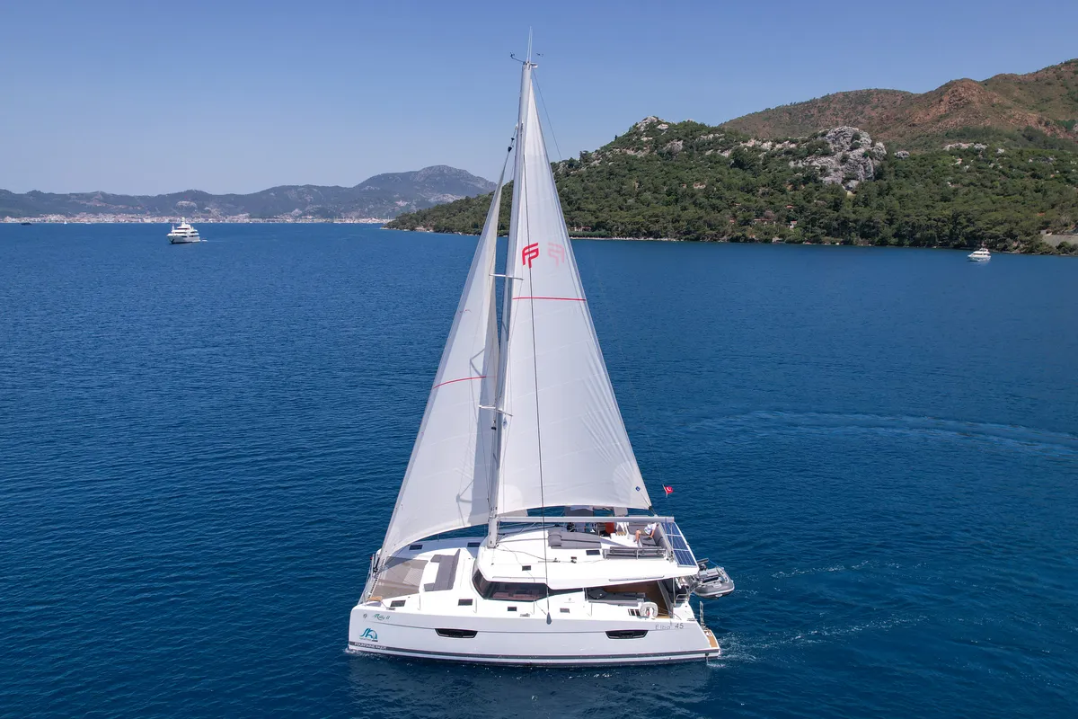 Exterior view of MILLY 2, a Fountaine Pajot Elba 45 catamaran at Marmaris, Turkey