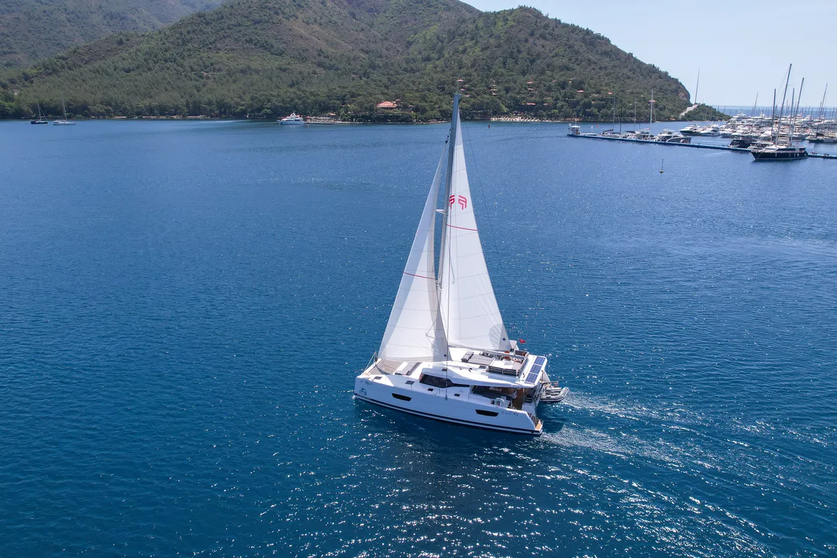 Exterior view of MILLY 2, a Fountaine Pajot Elba 45 catamaran at Marmaris, Turkey