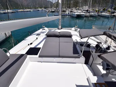 Cockpit of MILLY 2, a Fountaine Pajot Elba 45 catamaran at Marmaris, Turkey