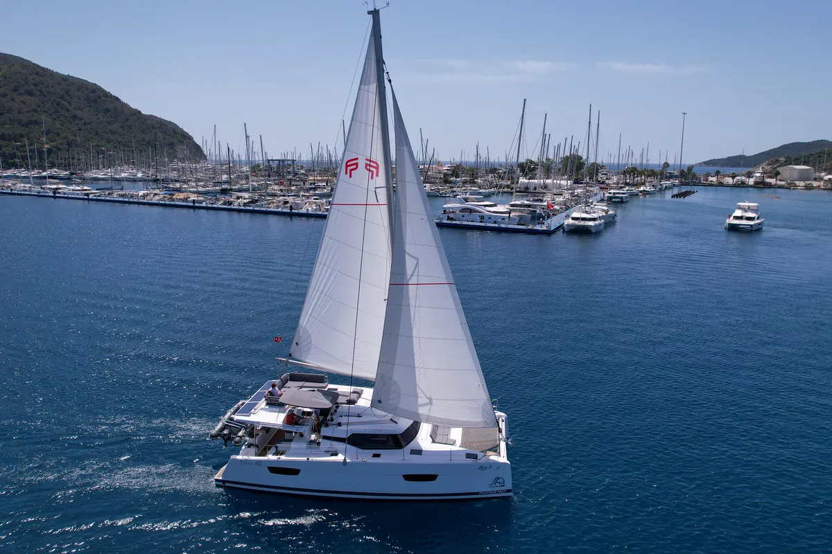 Exterior view of MILLY 2, a Fountaine Pajot Elba 45 catamaran at Marmaris, Turkey