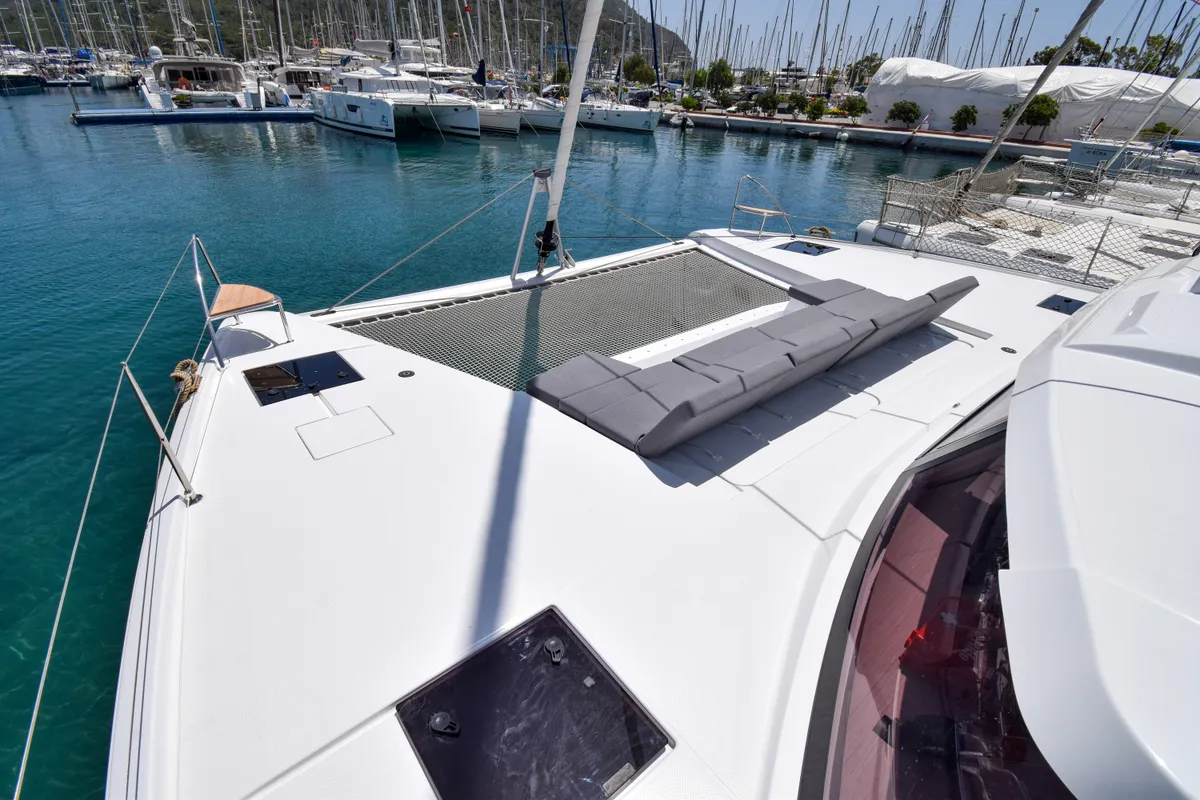 Deck of MILLY 2, a Fountaine Pajot Elba 45 catamaran at Marmaris, Turkey