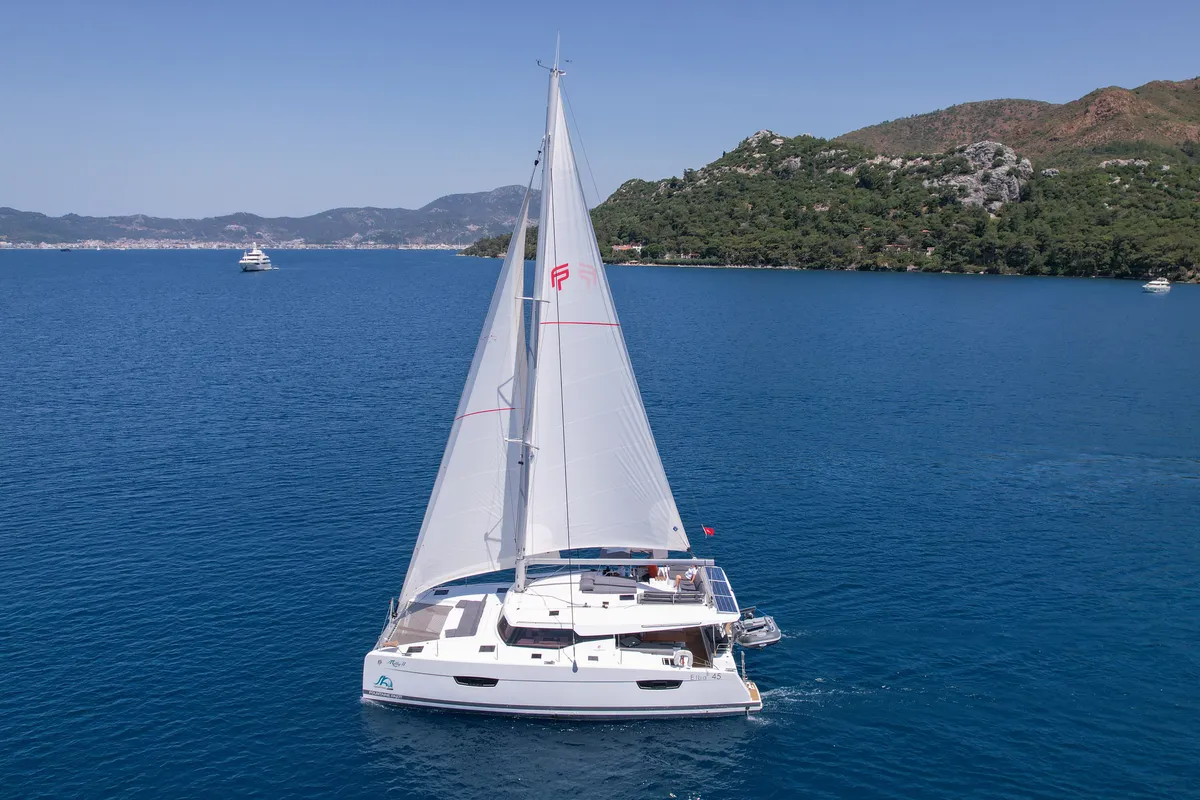 Exterior view of MILLY 2, a Fountaine Pajot Elba 45 catamaran at Marmaris, Turkey