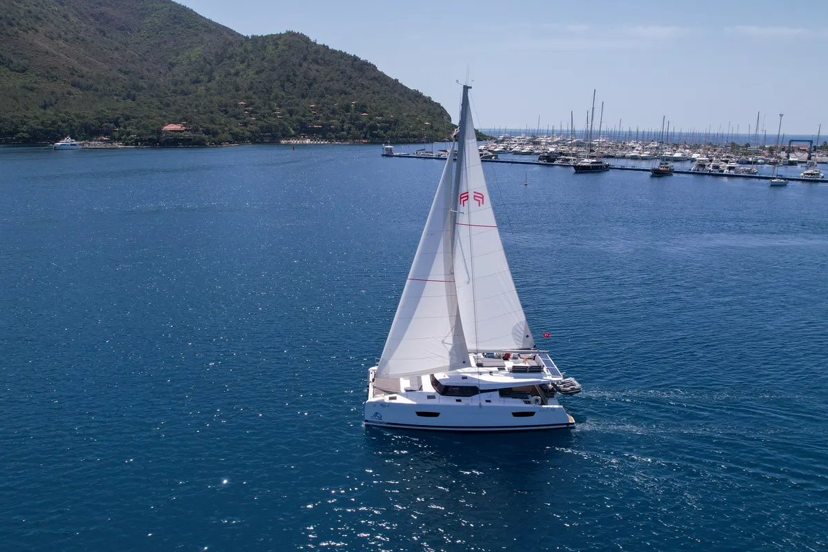 Exterior view of MILLY 2, a Fountaine Pajot Elba 45 catamaran at Marmaris, Turkey