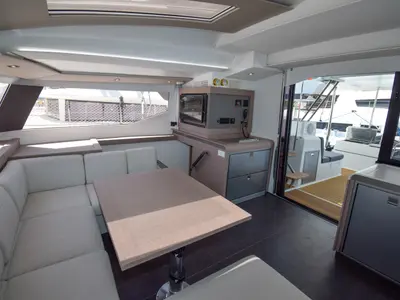 Salon of MILLY 2, a Fountaine Pajot Elba 45 catamaran at Marmaris, Turkey