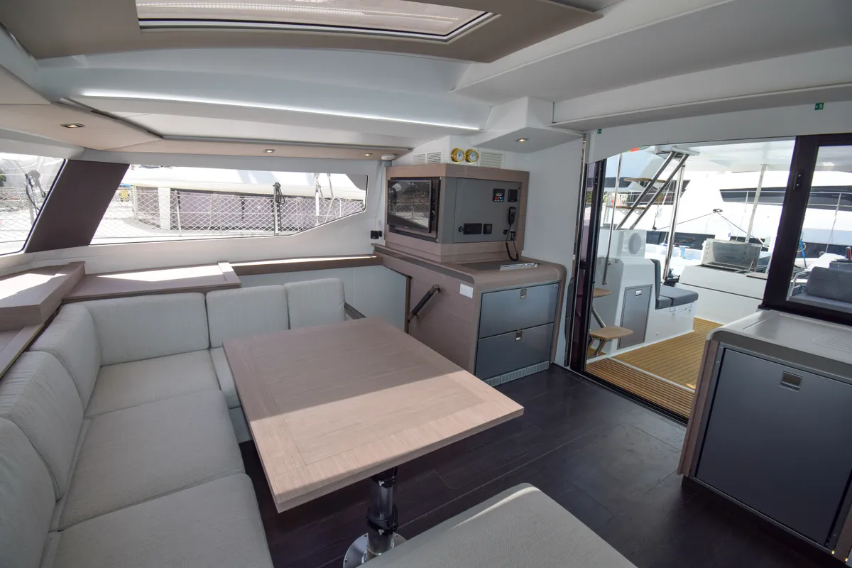 Salon of MILLY 2, a Fountaine Pajot Elba 45 catamaran at Marmaris, Turkey