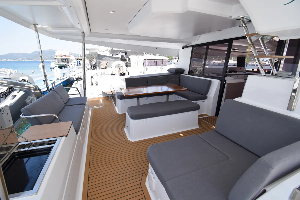 Deck of MILLY 2, a Fountaine Pajot Elba 45 catamaran at Marmaris, Turkey