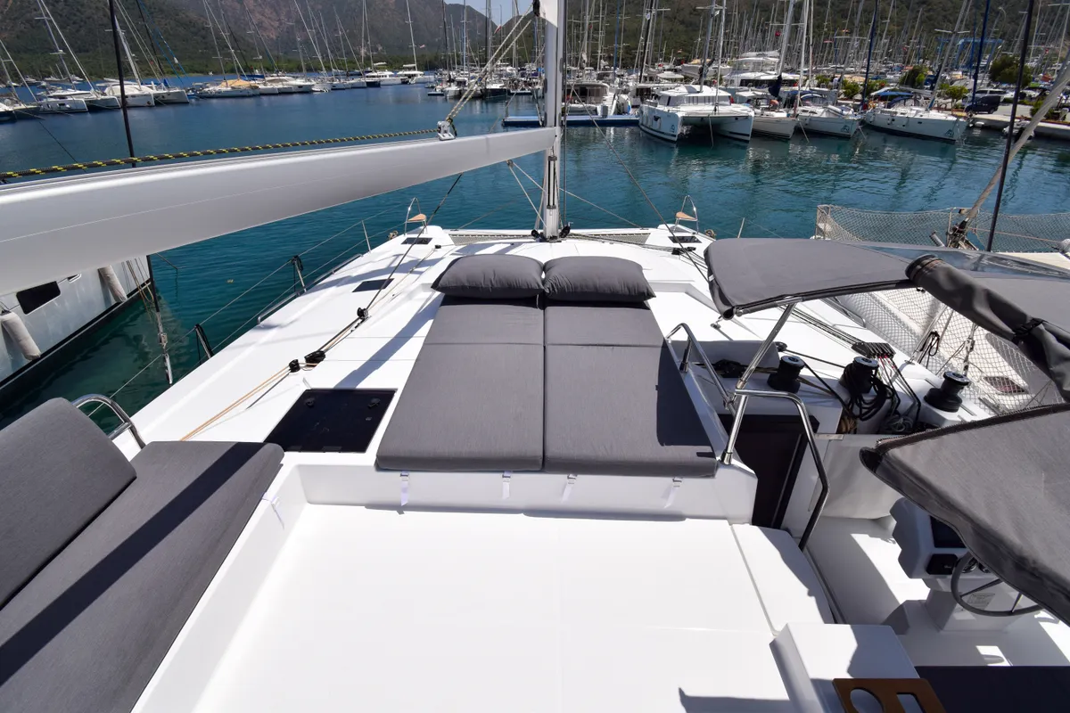 Deck of MILLY 2, a Fountaine Pajot Elba 45 catamaran at Marmaris, Turkey