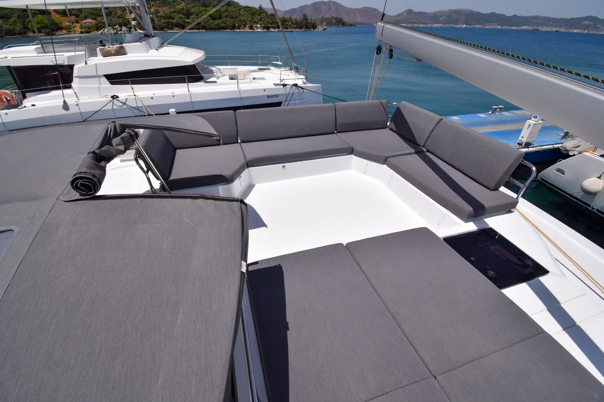 Deck of MILLY 2, a Fountaine Pajot Elba 45 catamaran at Marmaris, Turkey