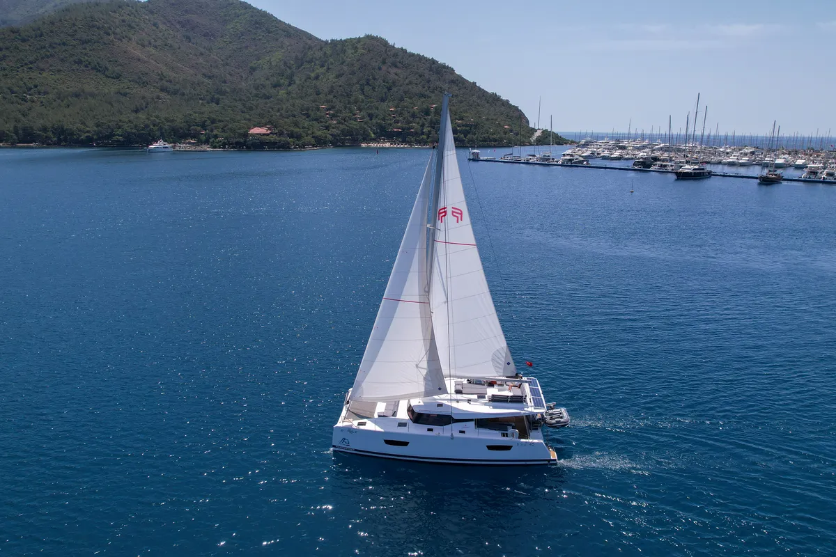 Exterior view of MILLY 2, a Fountaine Pajot Elba 45 catamaran at Marmaris, Turkey
