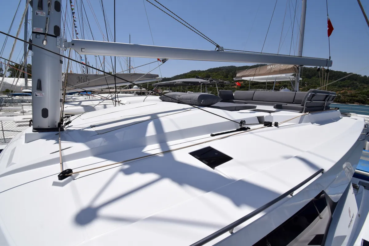 Deck of MILLY 2, a Fountaine Pajot Elba 45 catamaran at Marmaris, Turkey