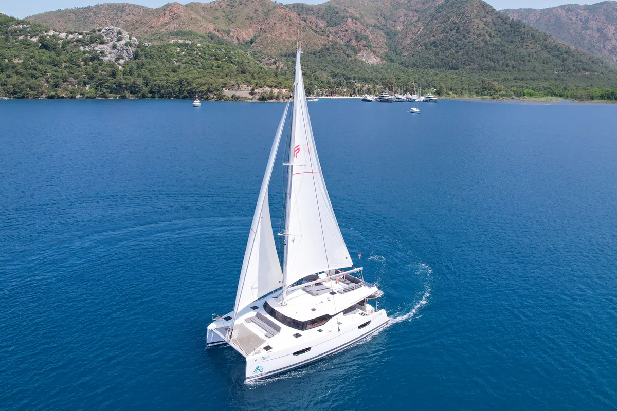 Exterior view of MILLY 2, a Fountaine Pajot Elba 45 catamaran at Marmaris, Turkey